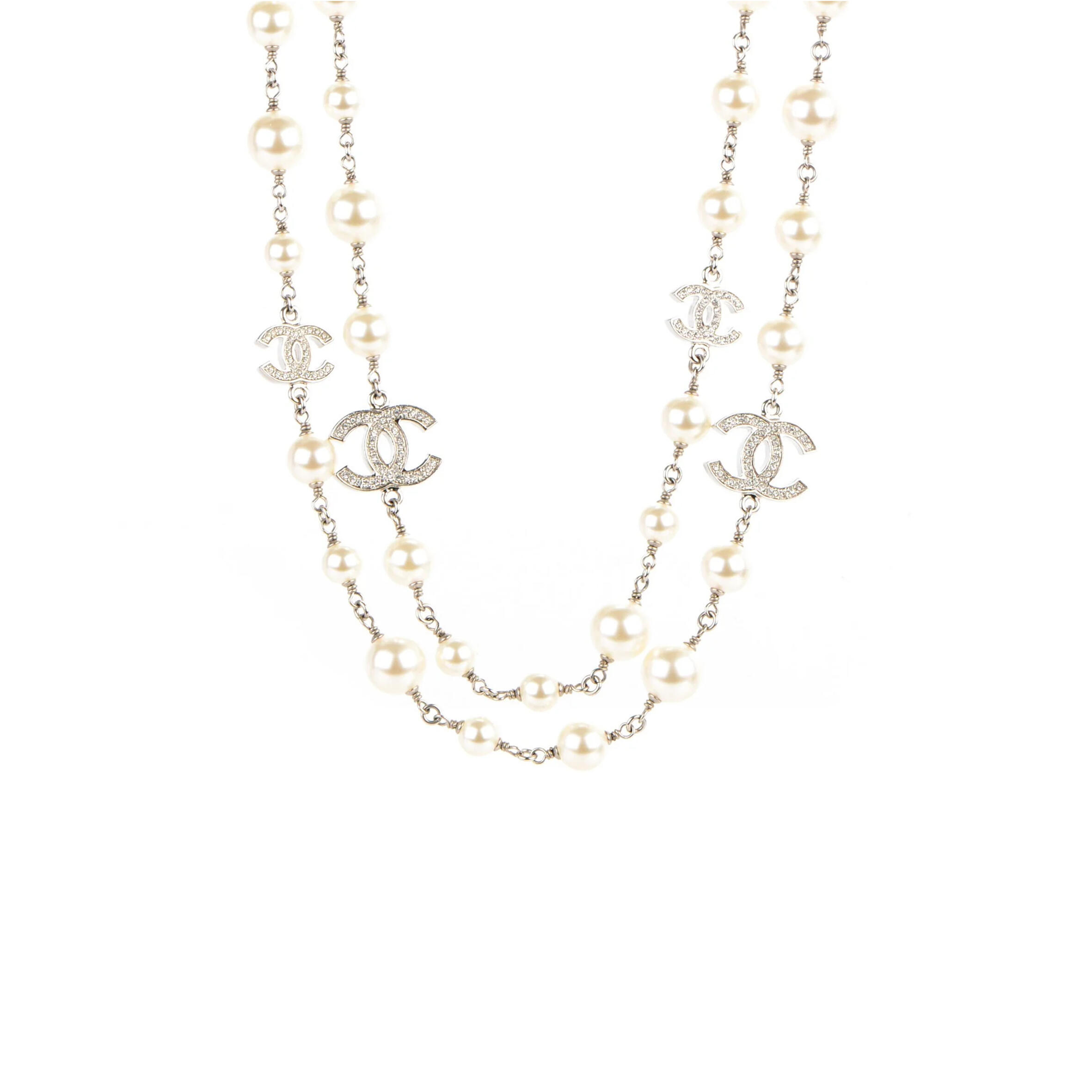 Ch**el crystal pearl cc long necklace silver 260mm 169293
